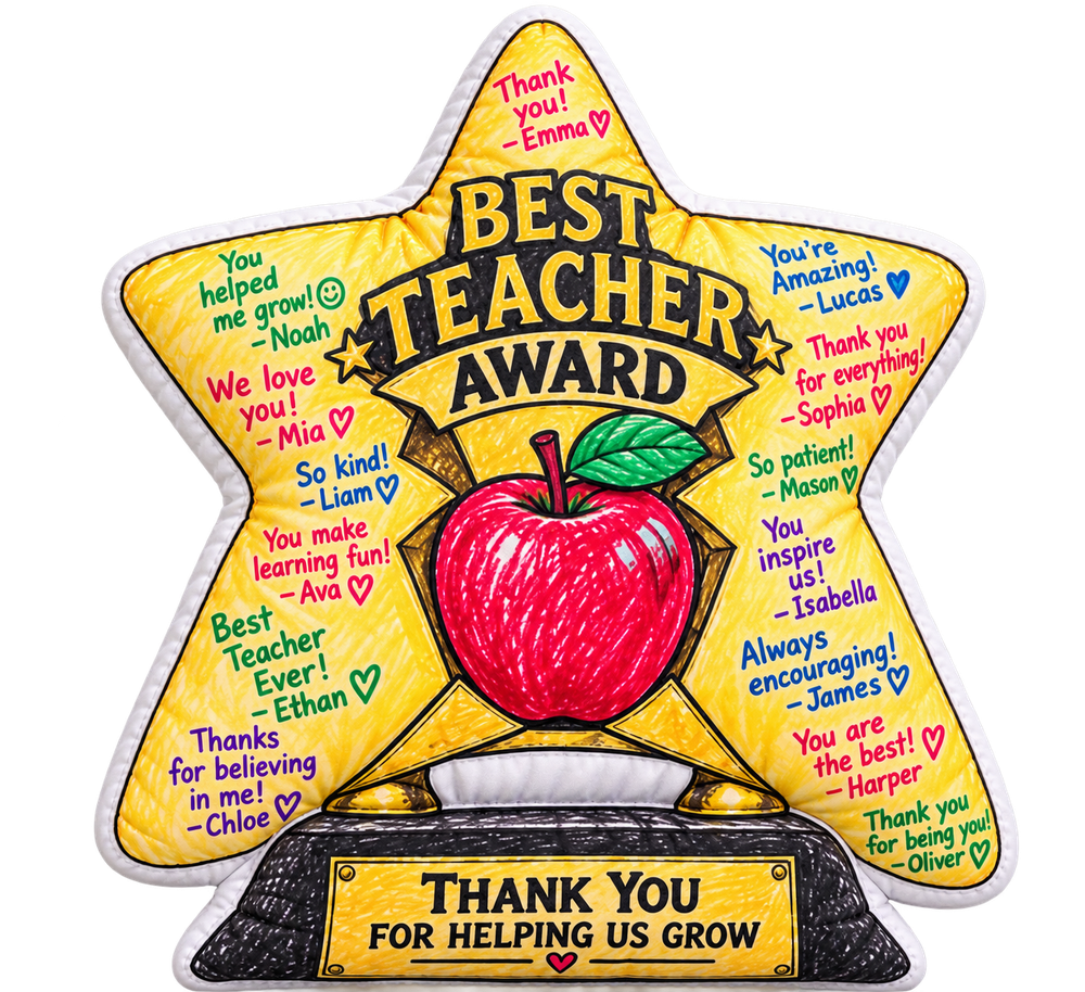 XL star-and-apple trophy pillow with example student thank-you messages