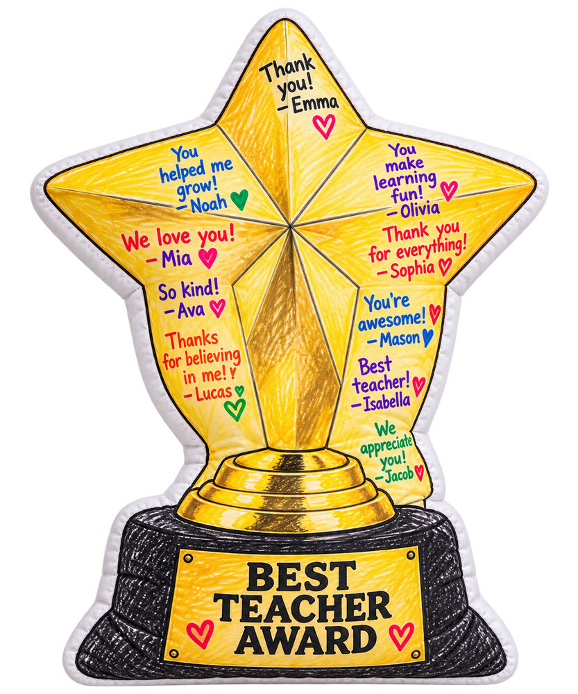 XL gold-star trophy pillow with example student thank-you messages