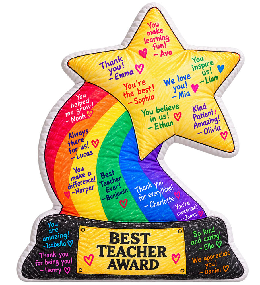 XL rainbow shooting-star trophy pillow with example student thank-you messages