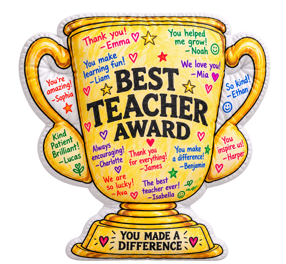 XL trophy-cup pillow with example student thank-you messages
